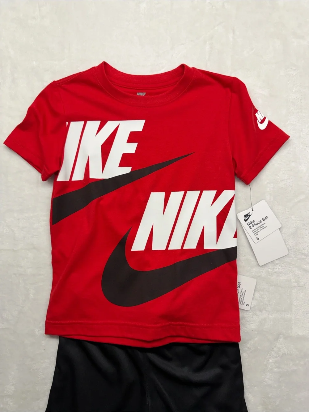 Nike 2 Piece Shorts Set Kids Size 5 Red Logo Tee Black Athletic Shorts - Picture 3 of 8